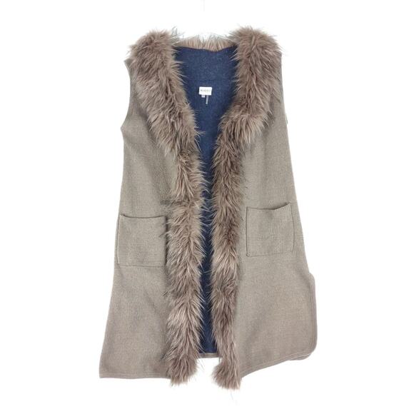 Sioni Studio Women's S/M Faux Fur Trim Long Sweater Vest Open Coat +Pockets - Picture 1 of 8